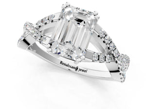 White gold Emerald Solitaire Twist Band with Pavé Setting and Four-Prong Setting_85