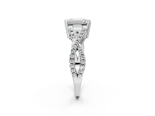 White gold Emerald Solitaire Twist Band with Pavé Setting and Four-Prong Setting_86