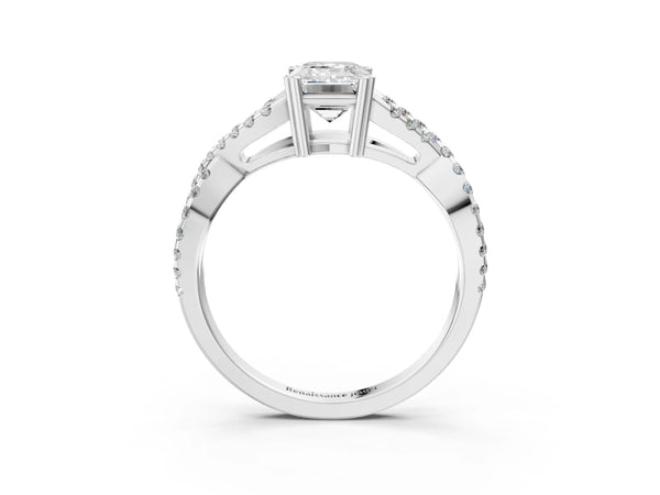 White gold Emerald Solitaire Twist Band with Pavé Setting and Four-Prong Setting_87