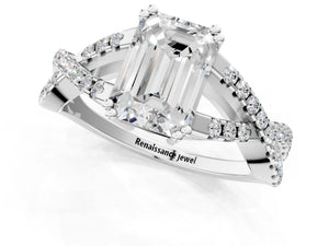 White gold Emerald Solitaire Twist Band with Pavé Setting and Four-Prong Setting_97