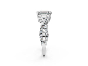 White gold Emerald Solitaire Twist Band with Pavé Setting and Four-Prong Setting_98