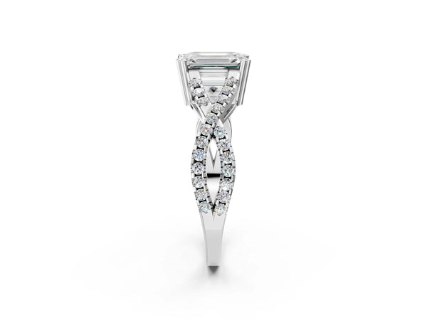 White gold Emerald Solitaire Twist Band with Pavé Setting and Four-Prong Setting_98