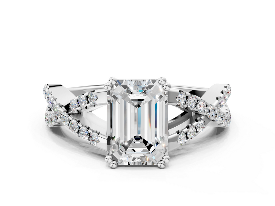 Silver Emerald Solitaire Twist Band with Pavé Setting and Four-Prong Setting