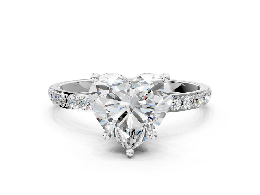 Silver Heart Cut Diamond Pavé Band Solitaire Ring with Four-Prong Setting