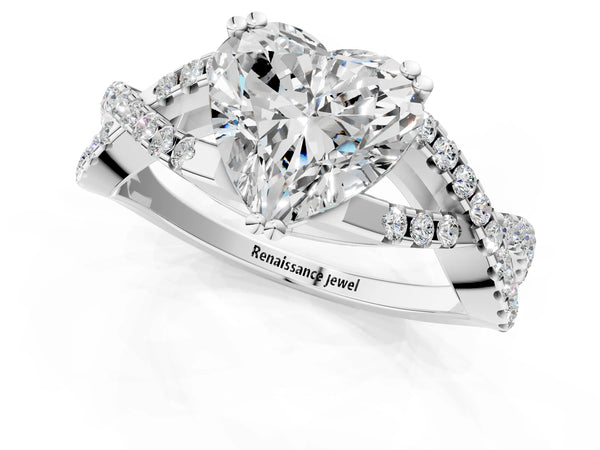 White gold Heart Solitaire Twist Band with Pavé Setting and Four-Prong Setting_55