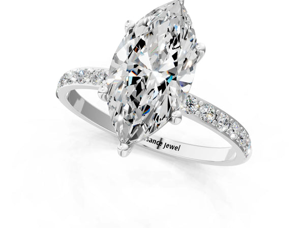 White gold Marquise Cut Diamond Pavé Band Solitaire Ring with Four-Prong Setting_31