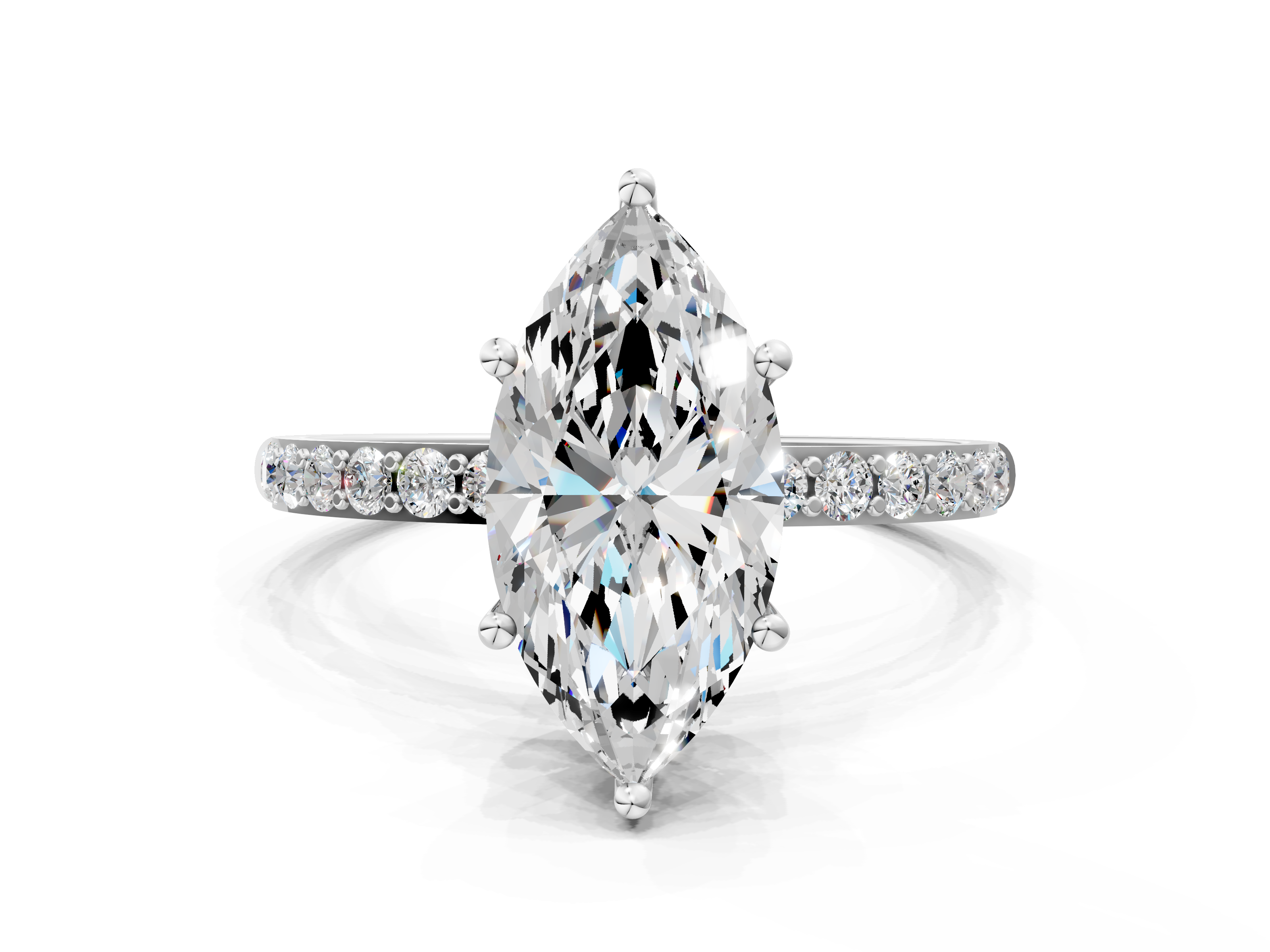 Platinum Marquise Cut Diamond Pavé Band Solitaire Ring with Four-Prong Setting