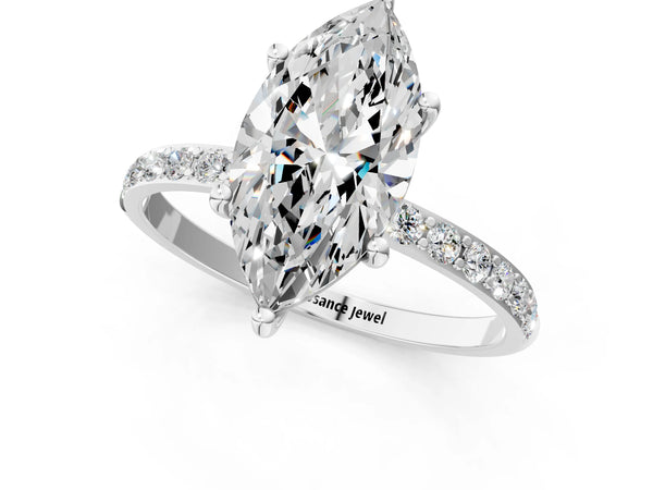 White gold Marquise Cut Diamond Pavé Band Solitaire Ring with Four-Prong Setting_79