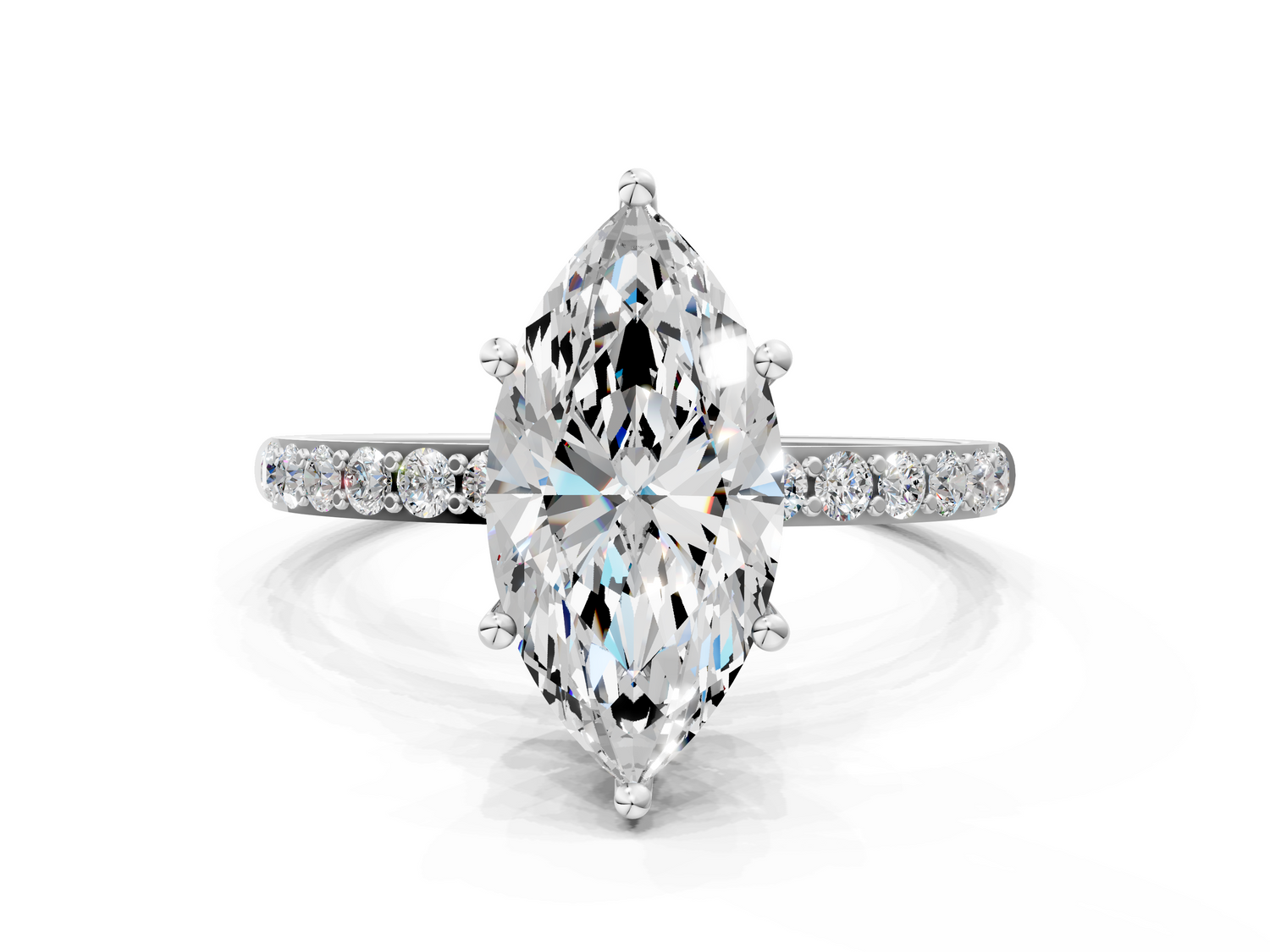 White gold Marquise Cut Diamond Pavé Band Solitaire Ring with Four-Prong Setting