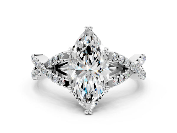 White gold Marquise Solitaire Twist Band with Pavé Setting and Four-Prong Setting_12