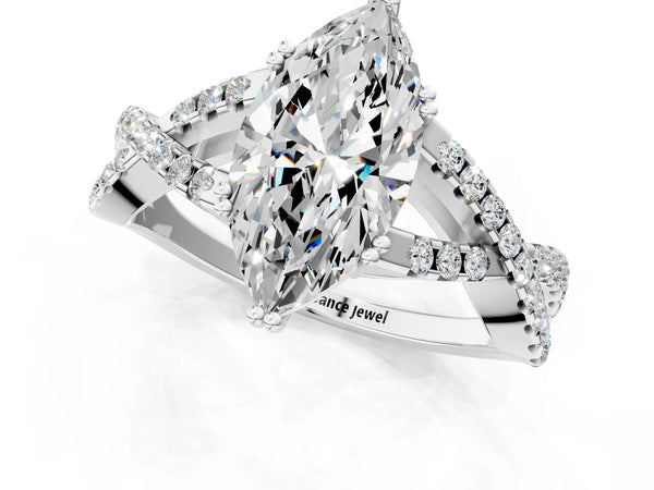 White gold Marquise Solitaire Twist Band with Pavé Setting and Four-Prong Setting_25