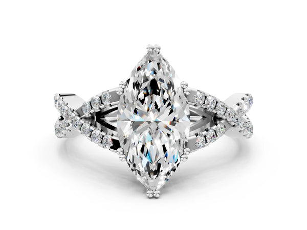 White gold Marquise Solitaire Twist Band with Pavé Setting and Four-Prong Setting_30