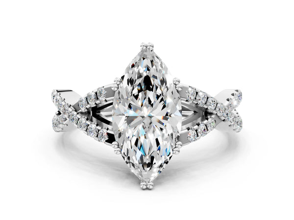 White gold Marquise Solitaire Twist Band with Pavé Setting and Four-Prong Setting_60