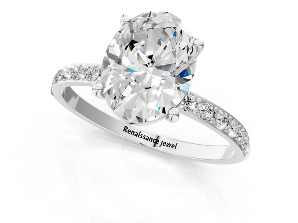 White gold Oval Cut Diamond Pavé Band Solitaire Ring with Four-Prong Setting_49
