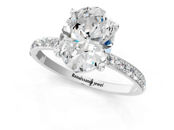 White gold Oval Cut Diamond Pavé Band Solitaire Ring with Four-Prong Setting_79