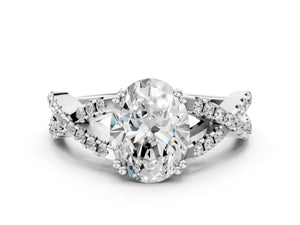 White gold Oval Solitaire Twist Band with Pavé Setting and Four-Prong Setting_12