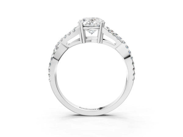 White gold Oval Solitaire Twist Band with Pavé Setting and Four-Prong Setting_27