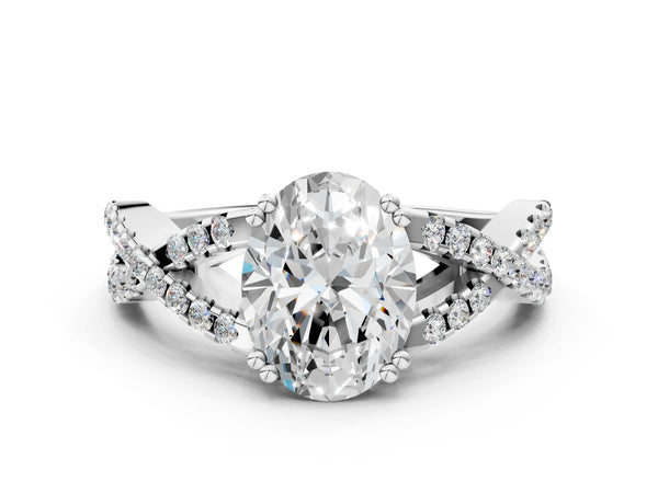 White gold Oval Solitaire Twist Band with Pavé Setting and Four-Prong Setting_30