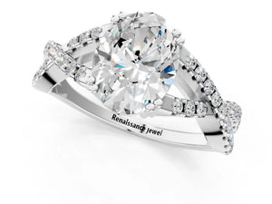 White gold Oval Solitaire Twist Band with Pavé Setting and Four-Prong Setting_31