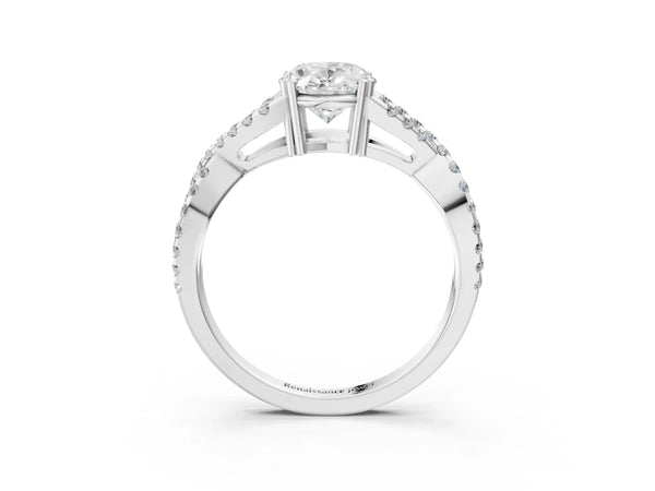 White gold Oval Solitaire Twist Band with Pavé Setting and Four-Prong Setting_33
