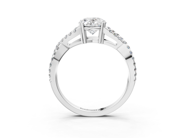 White gold Oval Solitaire Twist Band with Pavé Setting and Four-Prong Setting_3