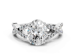 White gold Oval Solitaire Twist Band with Pavé Setting and Four-Prong Setting