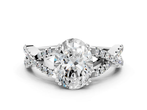 White gold Oval Solitaire Twist Band with Pavé Setting and Four-Prong Setting_60