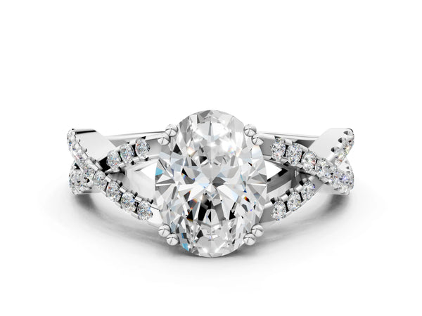 White gold Oval Solitaire Twist Band with Pavé Setting and Four-Prong Setting_66