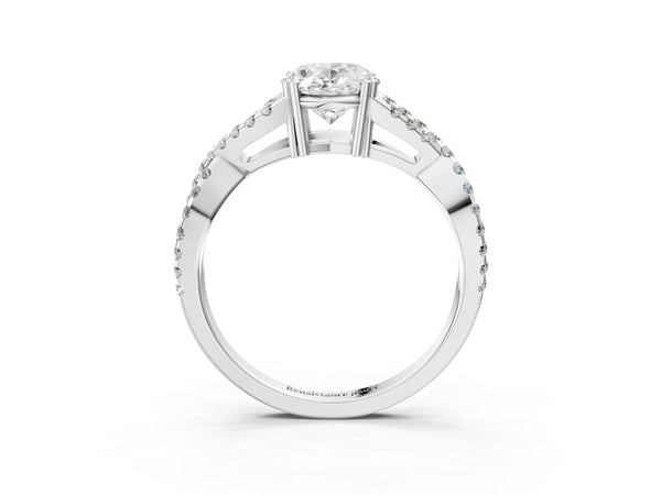 White gold Oval Solitaire Twist Band with Pavé Setting and Four-Prong Setting_69