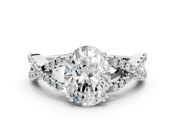 White gold Oval Solitaire Twist Band with Pavé Setting and Four-Prong Setting_78