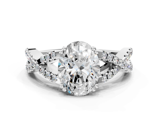 White gold Oval Solitaire Twist Band with Pavé Setting and Four-Prong Setting