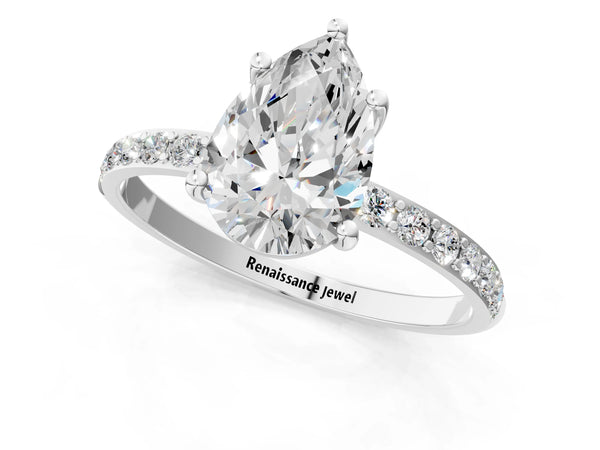 White gold Pear Cut Diamond Pavé Band Solitaire Ring with Four-Prong Setting_31
