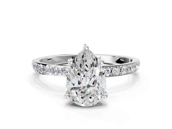 White gold Pear Cut Diamond Pavé Band Solitaire Ring with Four-Prong Setting_48