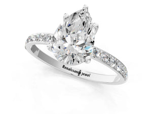 White gold Pear Cut Diamond Pavé Band Solitaire Ring with Four-Prong Setting_97