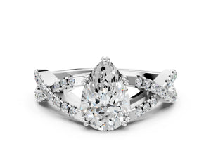 White gold Pear Solitaire Twist Band with Pavé Setting and Four-Prong Setting_30