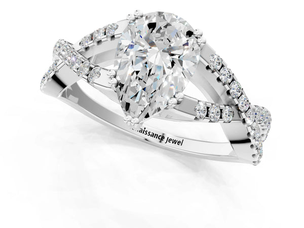 White gold Pear Solitaire Twist Band with Pavé Setting and Four-Prong Setting_49