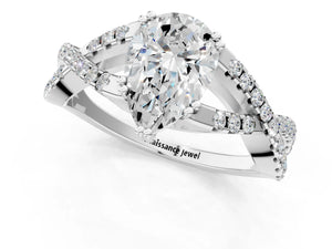 White gold Pear Solitaire Twist Band with Pavé Setting and Four-Prong Setting_55