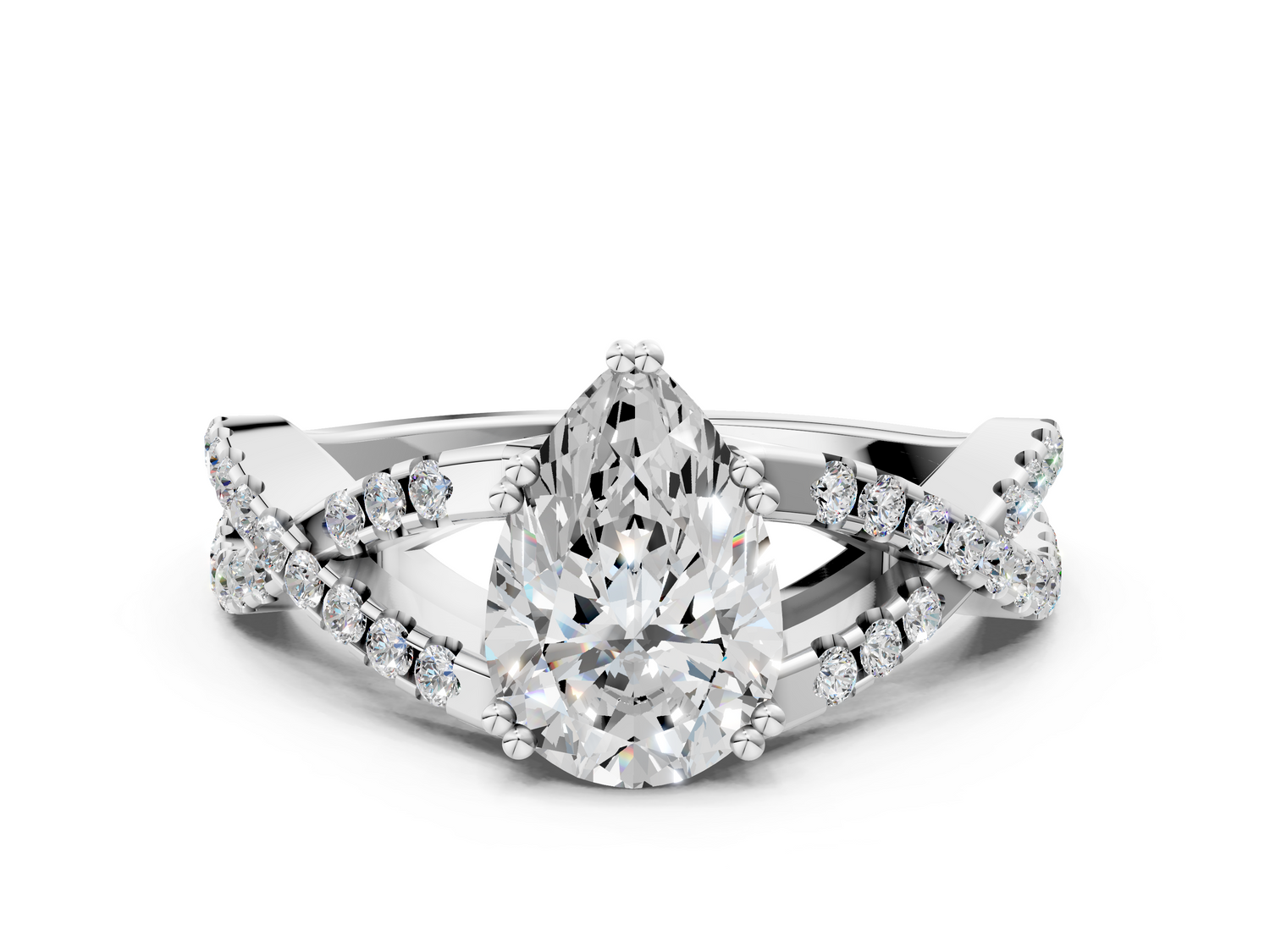 White gold Pear Solitaire Twist Band with Pavé Setting and Four-Prong Setting