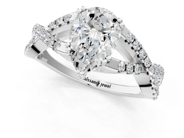 White gold Pear Solitaire Twist Band with Pavé Setting and Four-Prong Setting_97
