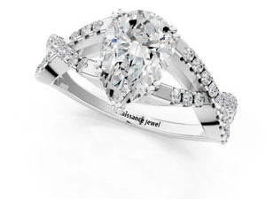 White gold Pear Solitaire Twist Band with Pavé Setting and Four-Prong Setting_97