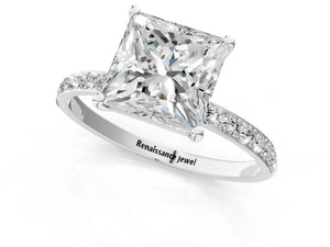 White gold Princess Cut Diamond Pavé Band Solitaire Ring with Four-Prong Setting_13