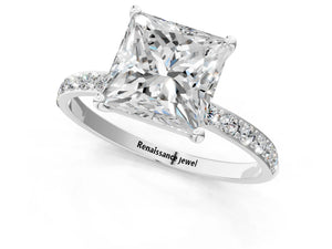 White gold Princess Cut Diamond Pavé Band Solitaire Ring with Four-Prong Setting_55