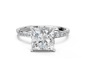 White gold Princess Cut Diamond Pavé Band Solitaire Ring with Four-Prong Setting_84