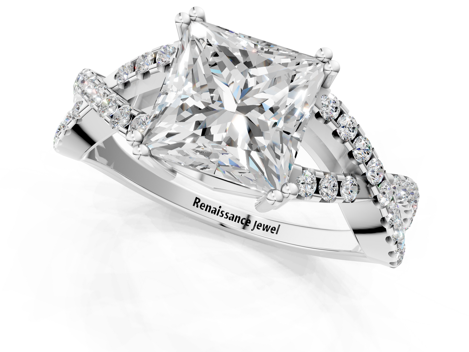 White gold Princess Solitaire Twist Band with Pavé Setting and Four-Prong Setting_1