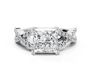 White gold Princess Solitaire Twist Band with Pavé Setting and Four-Prong Setting_24