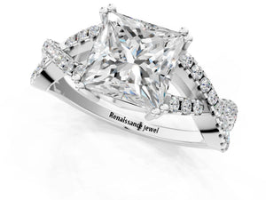White gold Princess Solitaire Twist Band with Pavé Setting and Four-Prong Setting_25