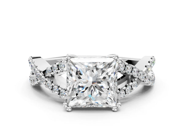 White gold Princess Solitaire Twist Band with Pavé Setting and Four-Prong Setting_48