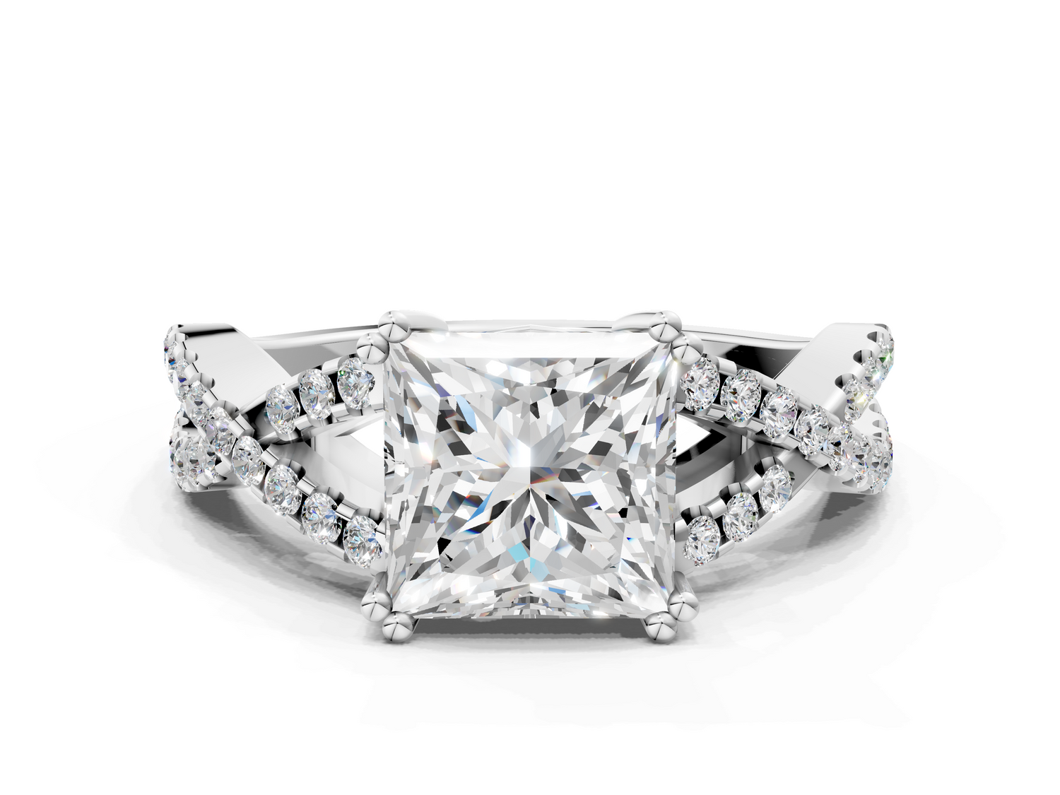 White gold Princess Solitaire Twist Band with Pavé Setting and Four-Prong Setting
