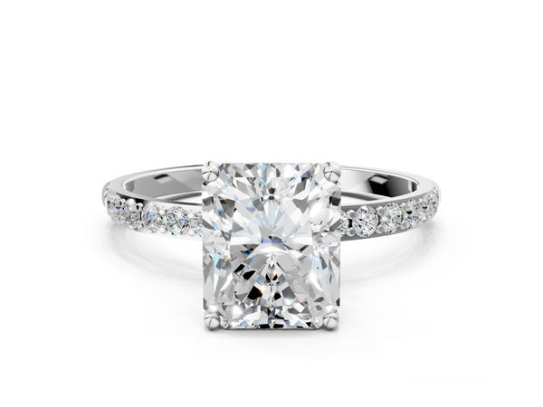 White gold Radiant Cut Diamond Pavé Band Solitaire Ring with Four-Prong Setting