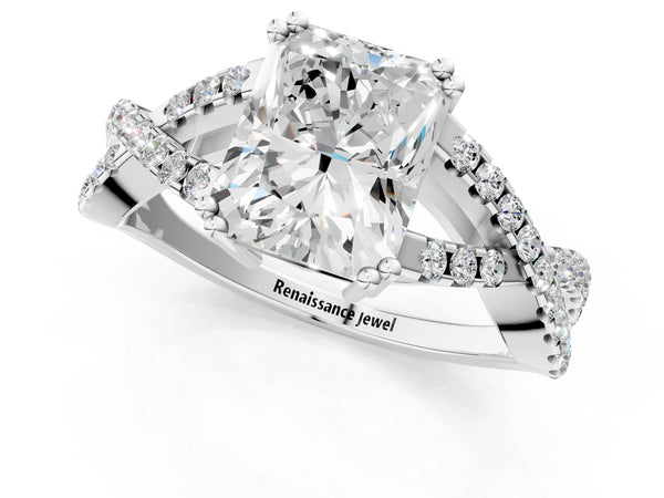 White gold Radiant Solitaire Twist Band with Pavé Setting and Four-Prong Setting_19